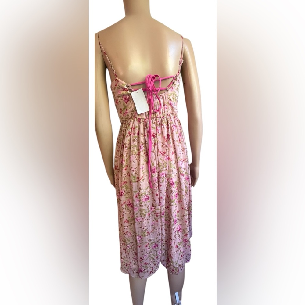 Zunie Pink Floral Midi Dress Size 12 NWT Adjustable Strap Cottagecore Sundress - Picture 4 of 8